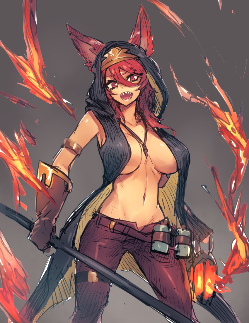 10s, 1girl, animal_ears, armlet, breasts, brown_gloves, ears_through_headwear, elmott, erune, female_focus, fire, fox_ears, genderswap, genderswap_(mtf), gloves, granblue_fantasy, highres, holding, hood, jewelry, lantern, large_breasts, long_hair, melon22, navel, necklace, open_clothes, open_mouth, pants, red_eyes, red_hair, sharp_teeth, solo, teeth, topless_female, underboob