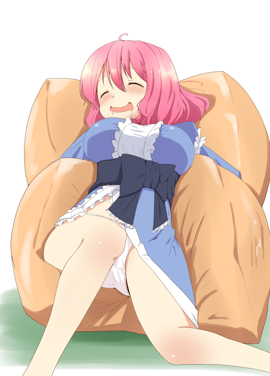 1girl, bean_bag_chair, blush, breasts, chamayy, closed_eyes, drooling, female_focus