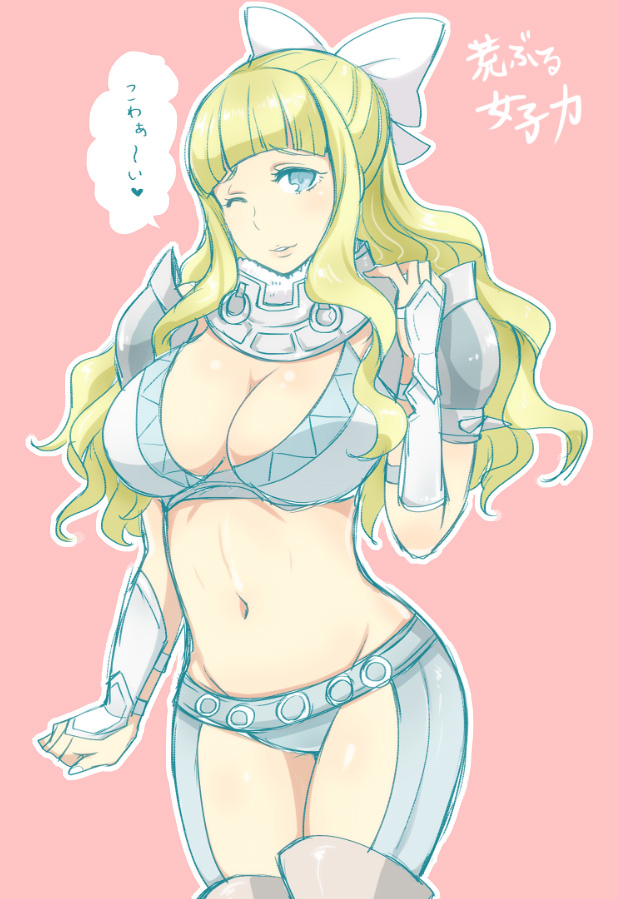 1girl, blonde_hair, blue_eyes, breasts, charlotte_(fire_emblem), cleavage, female_focus, fire_emblem, fire_emblem_fates, large_breasts, long_hair, looking_at_viewer, navel, nintendo, one_eye_closed, panties, parted_lips, shougayaki_(kabayaki_3), simple_background, smile, solo, underwear, white_panties