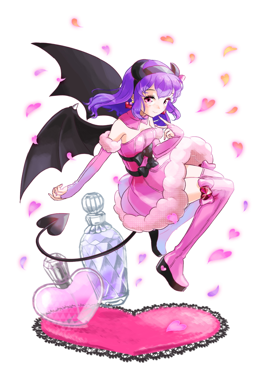 1girl, arm_warmers, avarita_(otoca_d'or), avarita_(otoca_doll), bat_wings, black_bow, boots, bottle