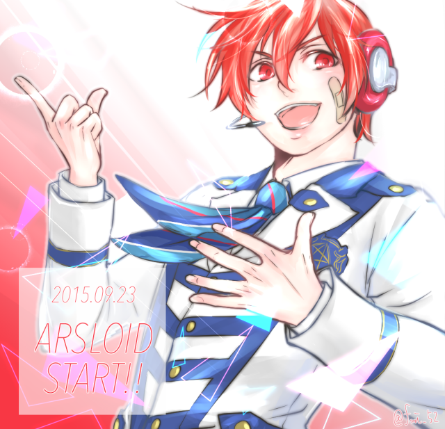 1boy, arsloid, bad_id, bad_pixiv_id, bandaid, bandaid_on_face, character_name, dated, fmi_(ksmkt52), gradient_background, headphones, male_focus, pointing, pointing_up, red_hair, school_uniform, short_hair, smile, solo, text_focus, twitter_username, upper_body, vocaloid