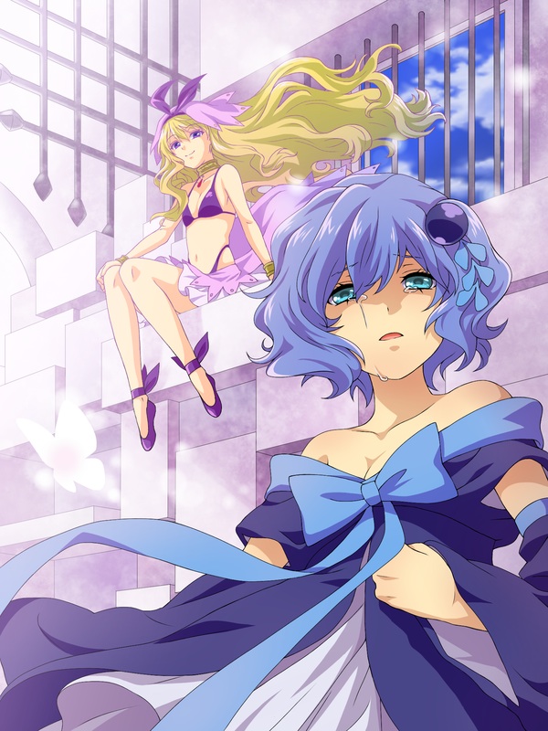 10s, 2girls, bad_id, bad_pixiv_id, bare_shoulders, blonde_hair, blue_eyes, blue_hair