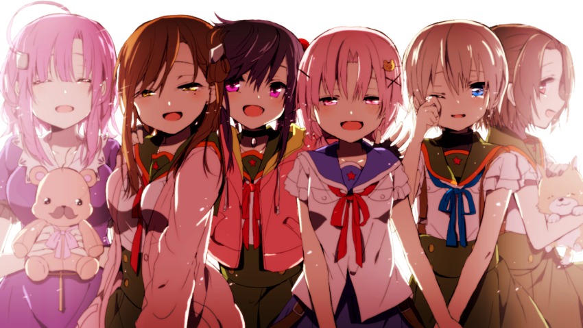 10s, 6+girls, :3, :d, ^_^, ahoge, animal, animal_hat, bad_id, bad_pixiv_id, bear_hair_ornament, blouse, blue_eyes, brown_eyes, brown_hair, cat_hat, choker, closed_eyes, crying, dog, ebisuzawa_kurumi, fang, gakkou_gurashi!, grey_hair, hair_ornament, hairclip, happy, hat, highres, hiiragi_fuyuki, holding, holding_animal, holding_hands, jacket, long_hair, looking_at_viewer, mole, mole_under_eye, multiple_girls, naoki_miki, open_mouth, parted_bangs, pink_eyes, pink_hair, purple_eyes, ribbon, sakura_megumi, school_uniform, shidou_kei, shirt, short_hair, short_sleeves, smile, star_(symbol), stuffed_animal, stuffed_toy, suspenders, swept_bangs, takeya_yuki, taroumaru_(gakkou_gurashi), tears, teddy_bear, wakasa_yuuri, white_background, wiping_tears, x_hair_ornament, yellow_eyes