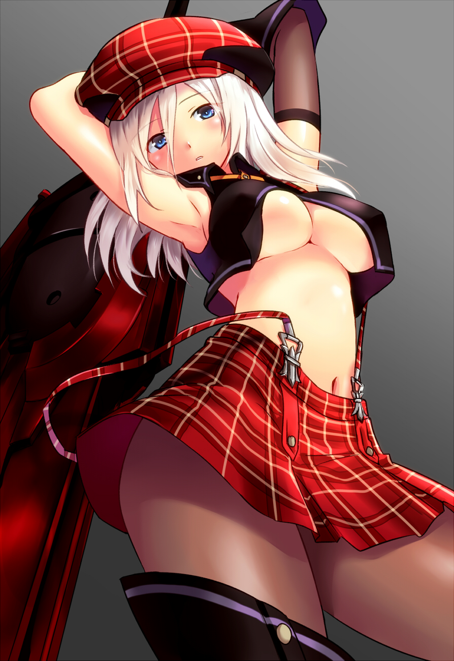10s, 1girl, alisa_ilinichina_amiella, armpits, arms_behind_head, arms_up, black_boots, black_pantyhose, blue_eyes, boots, breasts, covered_erect_nipples, elbow_gloves, female_focus, gloves, god_eater, hat, highres, large_breasts, long_hair, midriff, navel, pantyhose, rosa_tsubomi, skirt, solo, suspender_skirt, suspenders, thigh_boots, thighhighs, underboob, weapon