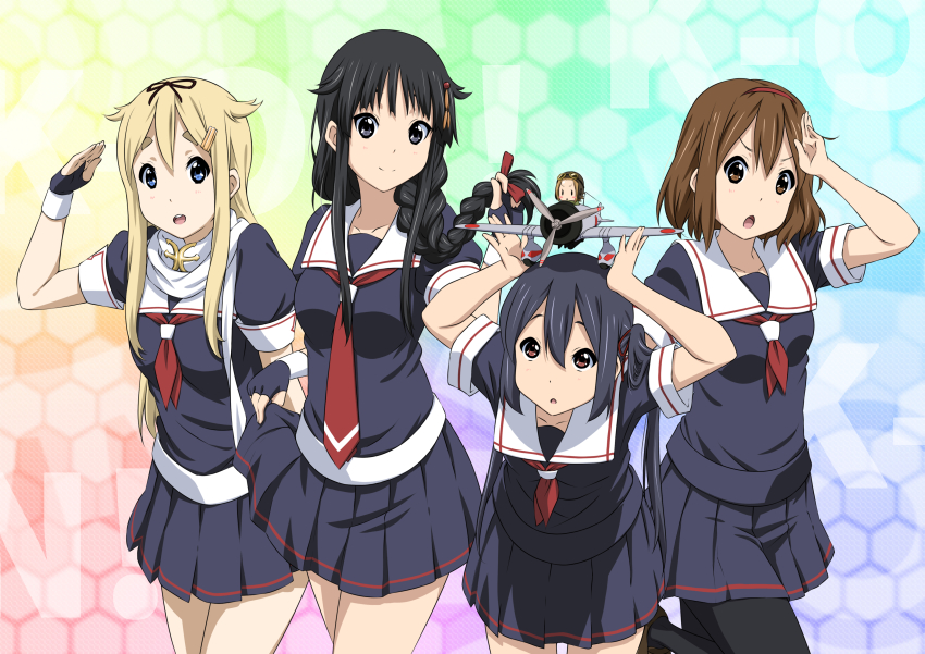 5girls, absurdres, aircraft, airplane, akiyama_mio, black_eyes, black_hair, black_serafuku