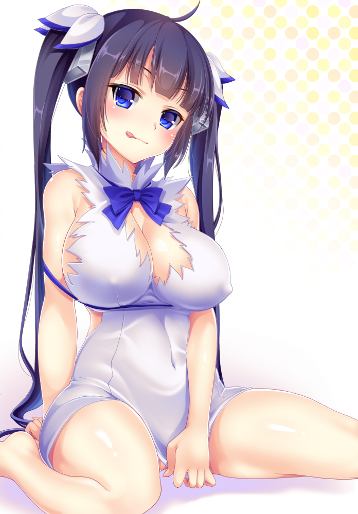 10s, 1girl, :q, arm_behind_back, arm_support, bad_id, bad_pixiv_id, black_hair, blue_eyes, breasts, cleavage, covered_erect_nipples, covered_navel, covering_crotch, covering_privates, dress, dress_tug, dungeon_ni_deai_wo_motomeru_no_wa_machigatteiru_darou_ka, female_focus, hair_ribbon, hestia_(danmachi), large_breasts, long_hair, looking_at_viewer, naughty_face, no_panties, rei_no_himo, ribbon, shura_no_suke, sitting, solo, tongue, tongue_out, twintails, wariza