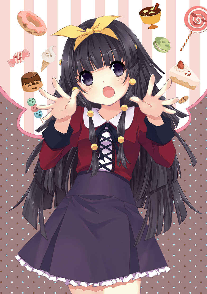 1boy, alluka_zoldyck, black_eyes, black_hair, blunt_bangs, blush, bow, cake