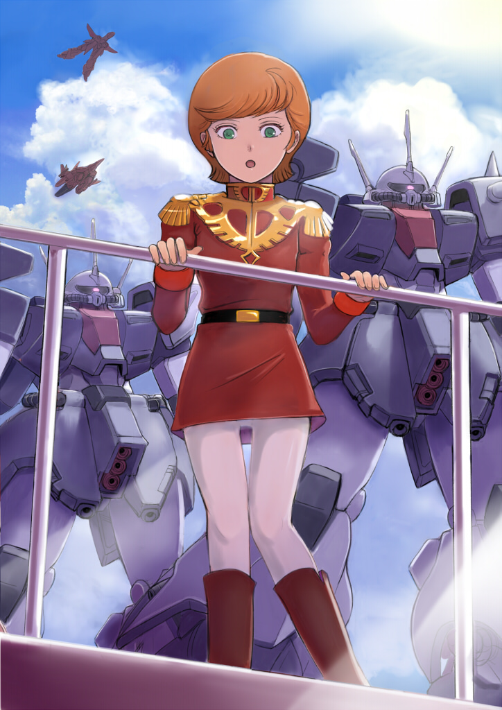 1girl, bawoo, cloud, day, epaulettes, gacha-m, green_eyes, gundam, gundam_zz, mecha, military, military_uniform, mineva_lao_zabi, orange_hair, pantyhose, railing, robot, sky, zaku, zaku_iii