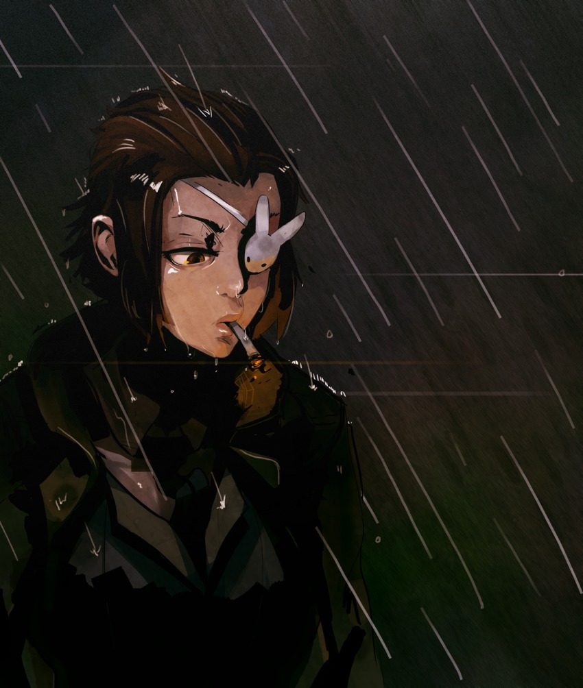 1girl, bad_id, bad_tumblr_id, borrowed_character, brown_eyes, brown_hair, cigarette, eyepatch
