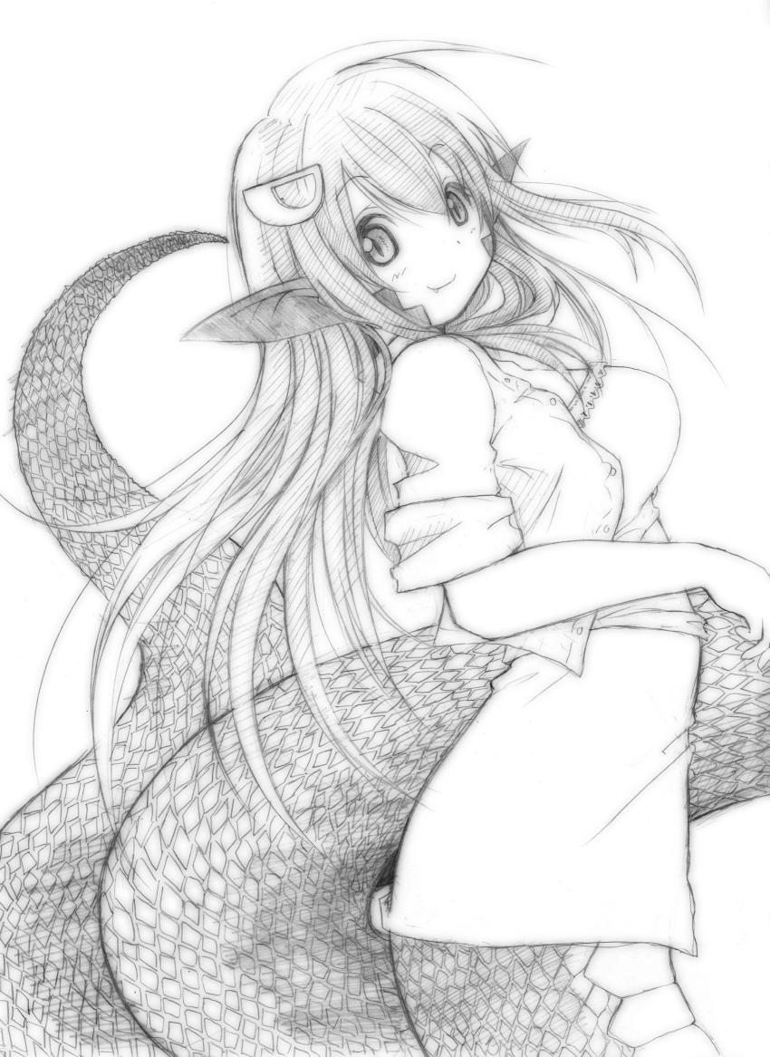 10s, 1girl, absurdres, artist_request, breasts, chicken99, fang, female_focus, from_side, greyscale, hair_between_eyes, hair_ornament, hairclip, highres, lamia, medium_breasts, miia_(monster_musume), monochrome, monster_girl, monster_musume_no_iru_nichijou, pointy_ears, scales, slit_pupils, smile, solo, traditional_media