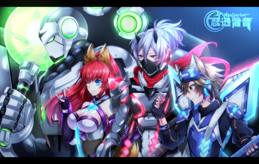 10s, 1girl, 3boys, \n/, albino, animal_ears, arashi_(show_by_rock!!), armor, blue_eyes, bow, brown_eyes, brown_hair, drumsticks, facial_mark, fingerless_gloves, gloves, glowing, group_name, guitar, hair_between_eyes, headphones, instrument, kamemura_koryu/yukina, kamui_(show_by_rock!!), letterboxed, long_hair, mask, multiple_boys, oboro_(show_by_rock!!), one_eye_closed, personification, ponytail, red_hair, ribbon, rin_(show_by_rock!!), scarf, short_hair, show_by_rock!!, white_hair, wings
