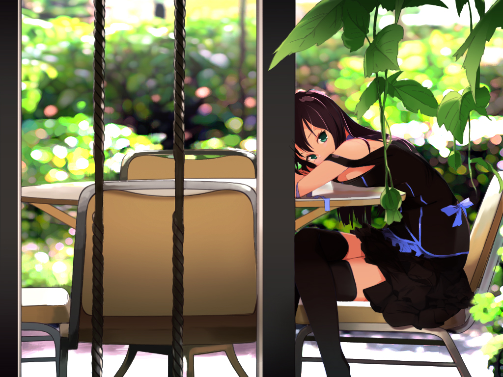 10s, 1girl, black_thighhighs, brown_hair, day, dress, female_focus, fk