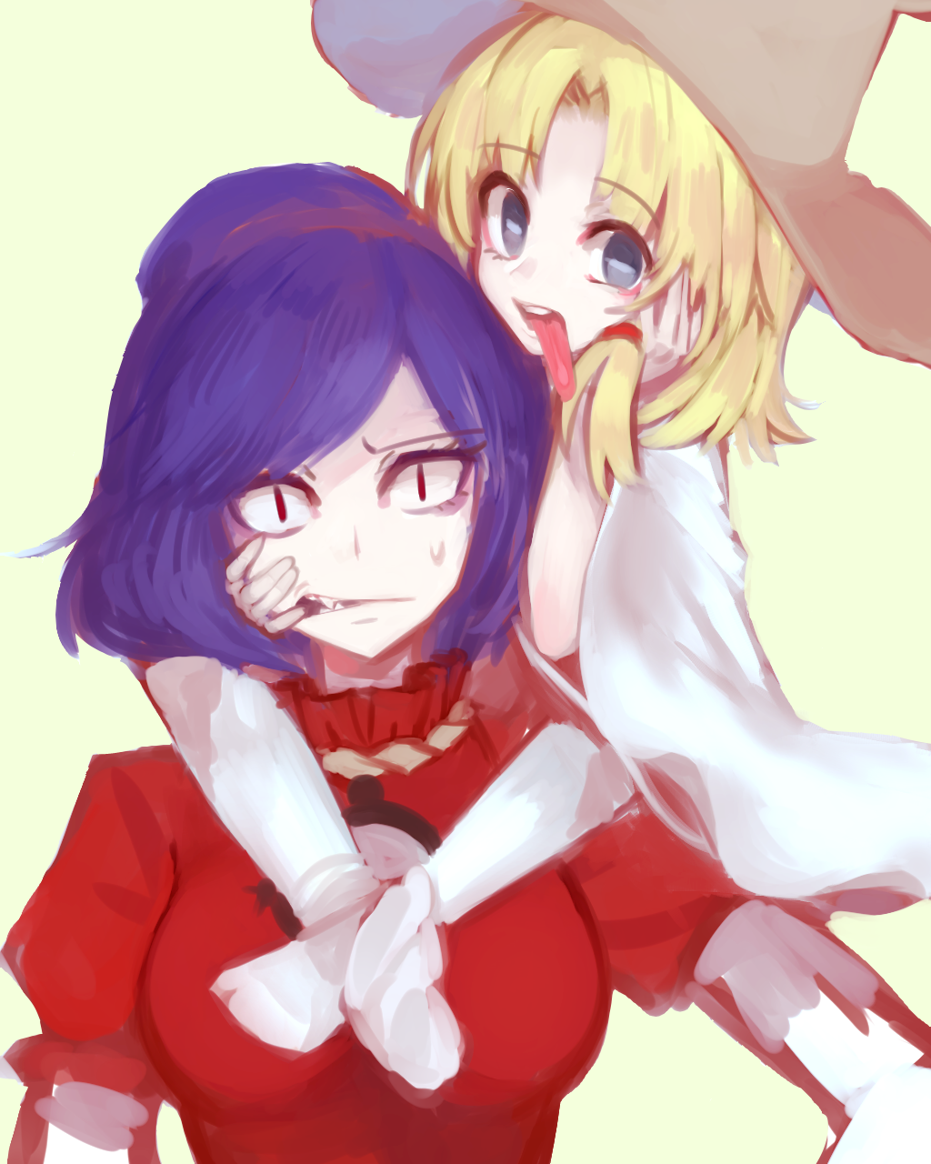 2girls, blonde_hair, blue_eyes, blue_hair, colorized, fangs, grey_background, hair_bun