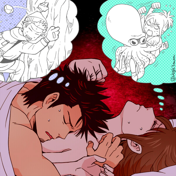 1boy, 1girl, 3mm, bad_id, bad_pixiv_id, black_hair, blanket, brown_hair