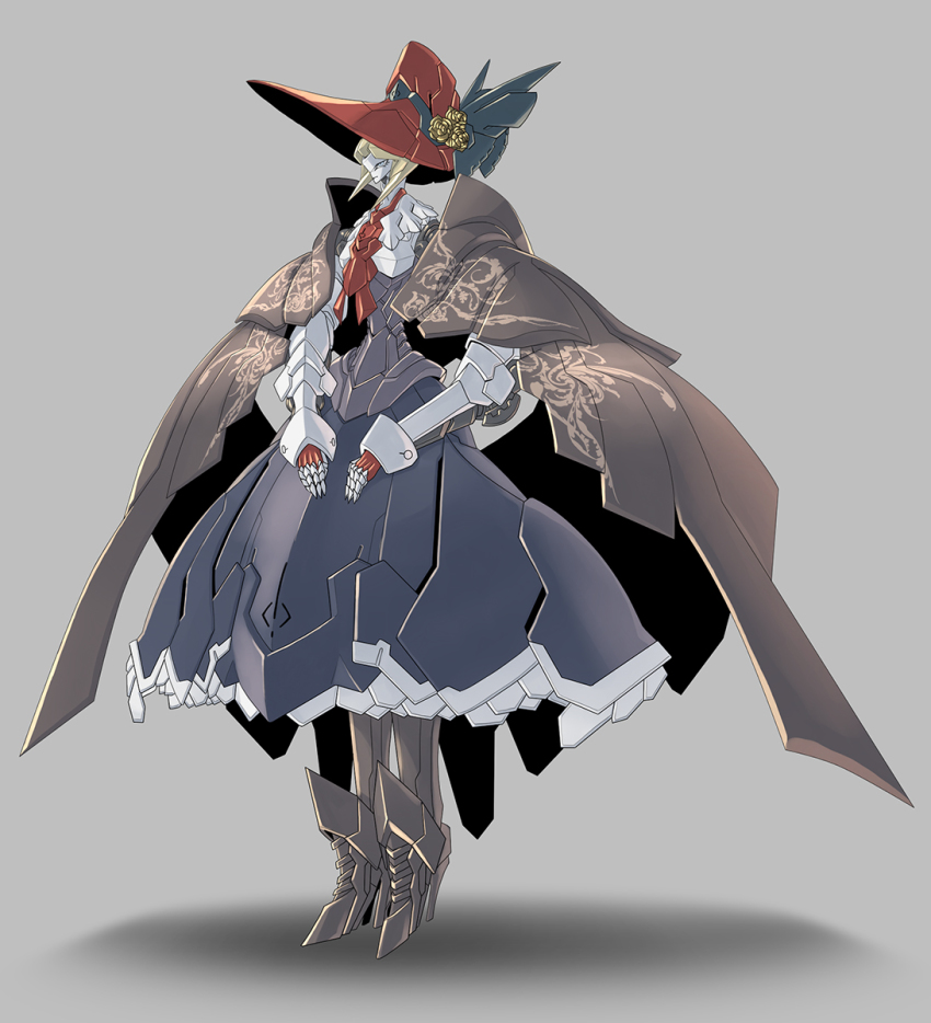 android, bloodborne, blue_eyes, bonnet, boots, cloak, dress, high_heel_boots, high_heels, highres, key-chang, mecha_girl, mechanization, plain_doll