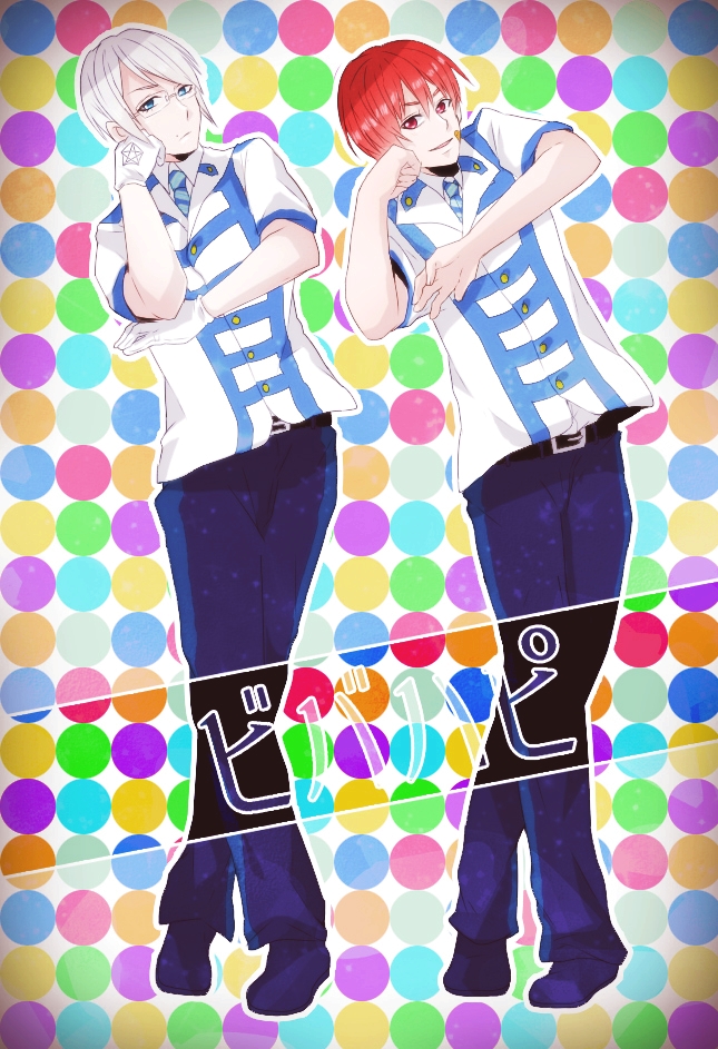 2boys, arsmagna, bandaid, bandaid_on_face, belt, blue_eyes, glasses, gloves