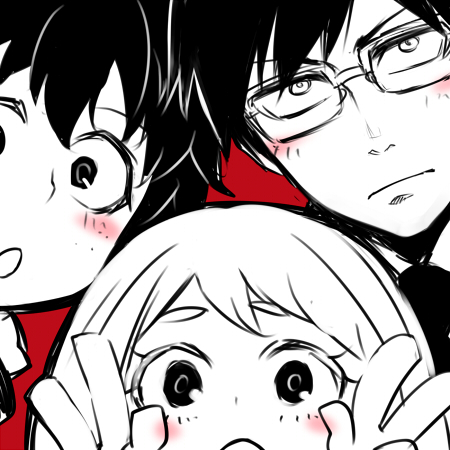 10s, 1girl, 2boys, bad_id, bad_pixiv_id, blush, boku_no_hero_academia, double_v, iida_tenya, lowres, midoriya_izuku, monochrome, multiple_boys, ooyama_(hnk1018), red_background, spot_color, uraraka_ochako, v