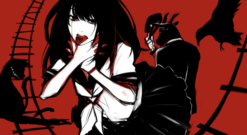 1girl, bad_id, bad_pixiv_id, bird, blood, blood_from_mouth, bloody_tears, cat