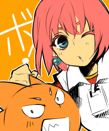 00s, 1boy, 1girl, bad_id, bad_pixiv_id, beauty_(bobobo-bo_bo-bobo), blue_eyes, bobobo-bo_bo-bobo, don_patch, earrings, jewelry, one_eye_closed, ooyama_(hnk1018), pink_hair, smile, upper_body