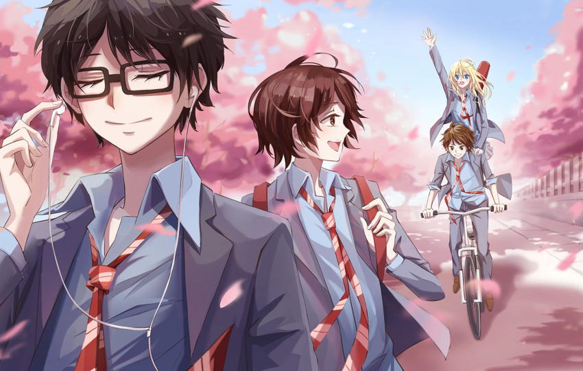 10s, 2boys, 2girls, arima_kousei, black_hair, blonde_hair, blue_eyes, blush, brown_eyes, brown_hair, closed_eyes, glasses, miyazono_kawori, multiple_boys, multiple_girls, necktie, open_mouth, pants, sawabe_tsubaki, school_uniform, shigatsu_wa_kimi_no_uso, shoes, short_hair, skirt, smile, watari_ryouta