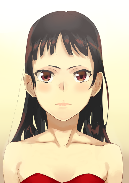 10s, 1girl, bare_shoulders, black_hair, blush, collarbone, dress, igawa_emi