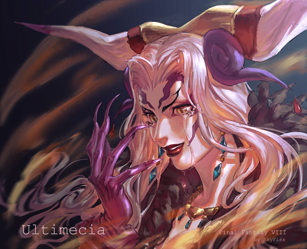 1990s_(style), artist_name, character_name, claws, copyright_name, crying, earrings, facial_mark