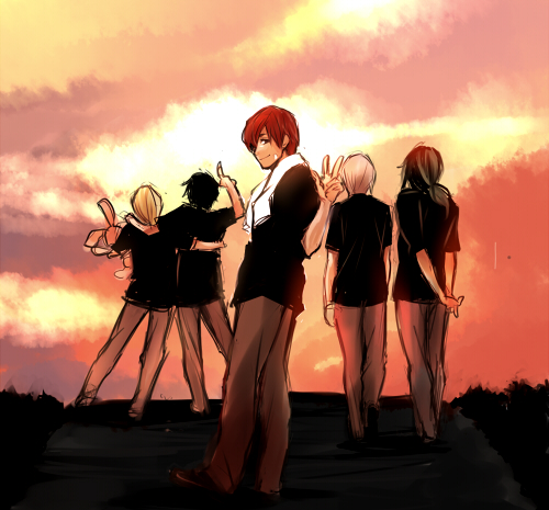 5boys, alternate_costume, arm_around_another's_back, arm_around_shoulder, arsmagna, bad_id, bad_pixiv_id, bak_witt