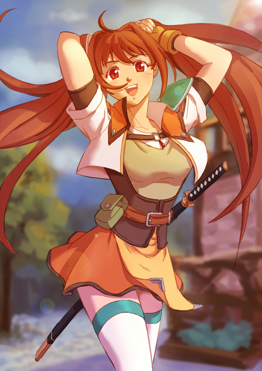 1girl, arms_behind_head, blurry, breasts, brown_hair, depth_of_field, eiyuu_densetsu, estelle_bright