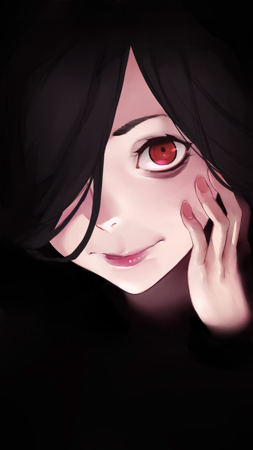 10s, 1girl, black_hair, dark, female_focus, hair_over_one_eye, hand_on_own_face, highres
