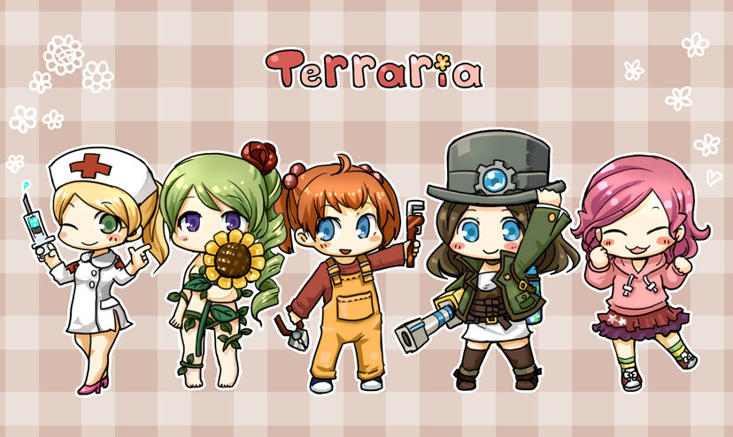 5girls, :3, bad_id, bad_pixiv_id, blonde_hair, blue_eyes, blush, braid, brown_hair, clenched_hands, dryad, dryad_(terraria), closed_eyes, flower, green_eyes, green_hair, hagino_chiyoko, hair_ornament, long_hair, long_sleeves, looking_at_viewer, mechanic_(terraria), multiple_girls, navel, nurse_(terraria), one_eye_closed, orange_hair, overalls, party_girl_(terraria), pink_hair, ponytail, purple_eyes, ribbon, short_hair, short_twintails, skirt, smile, steampunker_(terraria), sunflower, syringe, terraria, thighhighs, twintails, wrench