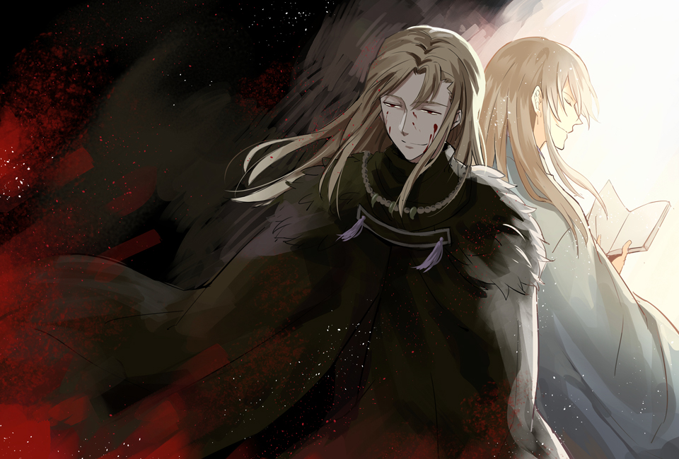 2boys, back-to-back, bad_id, bad_pixiv_id, blood, blood_on_face, brown_hair, dual_persona, closed_eyes, gintama, long_hair, male_focus, multiple_boys, smile, spoilers, utsuro, yoshida_shouyou, zerocastle