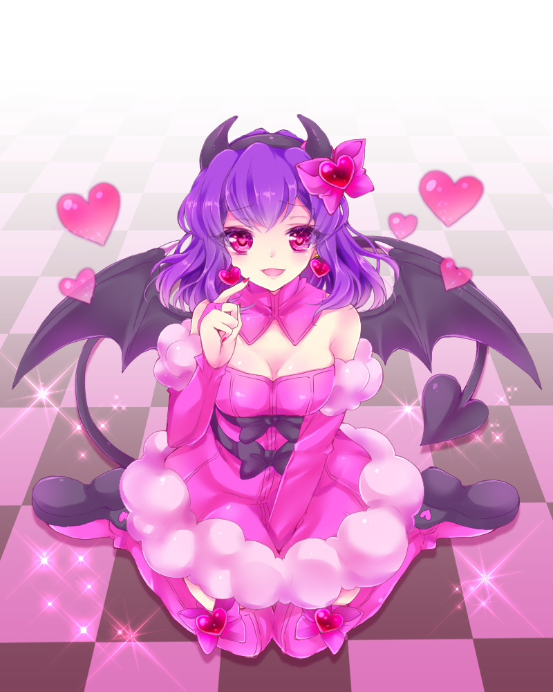 1girl, arm_warmers, avarita_(otoca_d'or), avarita_(otoca_doll), bad_id, bad_pixiv_id, bat_wings, black_bow, boots, bow, breasts, bridal_gauntlets, checkered_floor, cleavage, demon_tail, detached_collar, earrings, female_focus, full_body, hair_ornament, hairband, heart, heart-shaped_pupils, heart_earrings, heart_hair_ornament, horn_bow, horn_ornament, horns, jewelry, kneeling, mitsuyaama, nail_polish, otoca_d'or, pink_arm_warmers, pink_boots, pink_bow, pink_eyes, pink_skirt, platform_boots, platform_footwear, purple_hair, red_nails, short_hair, skirt, smile, solo, sparkle, symbol-shaped_pupils, tail, thigh_boots, thighhighs, waist_bow, wings