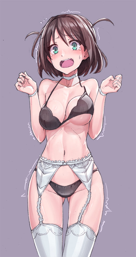 10s, 1girl, aqua_eyes, binkan-chan, black_bra, black_panties, blush, bra, breasts, brown_hair, cleavage, cowboy_shot, female_focus, flying_sweatdrops, forearms_at_chest, garter_belt, garter_straps, konnyaku_(kk-monmon), navel, open_mouth, panties, purple_background, shimoneta_to_iu_gainen_ga_sonzai_shinai_taikutsu_na_sekai, short_hair, simple_background, solo, sweatdrop, tears, teeth, thigh_gap, thighhighs, trembling, underboob, underwear, underwear_only, wavy_mouth, white_thighhighs, wrists_extended