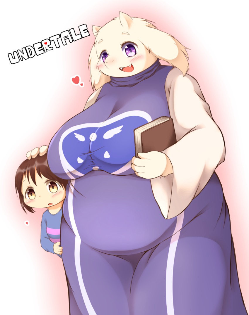 1boy, 1girl, breasts, brown_hair, copyright_name, family, fat, fat_woman, frisk_(undertale), furry, highres, large_breasts, mother_and_child, mother_and_son, open_mouth, parent_and_child, purple_eyes, radio_(radio-tou), short_hair, toriel, undertale, utdr_(toby_fox), yellow_eyes