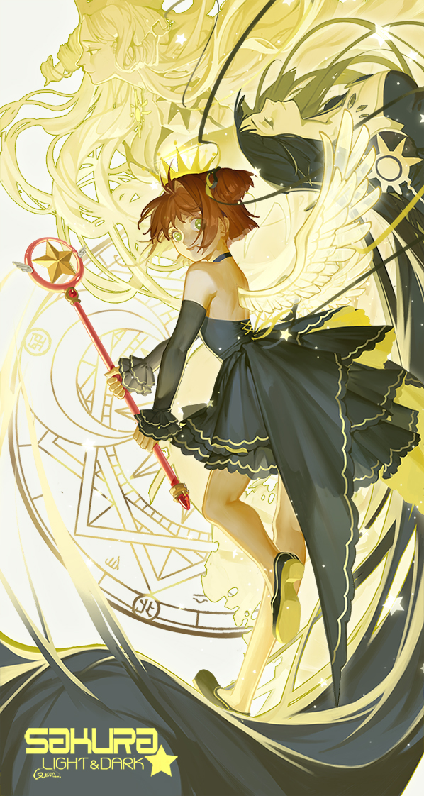 1990s_(style), 3girls, backless_dress, backless_outfit, black_dress, black_footwear, brown_hair, cardcaptor_sakura