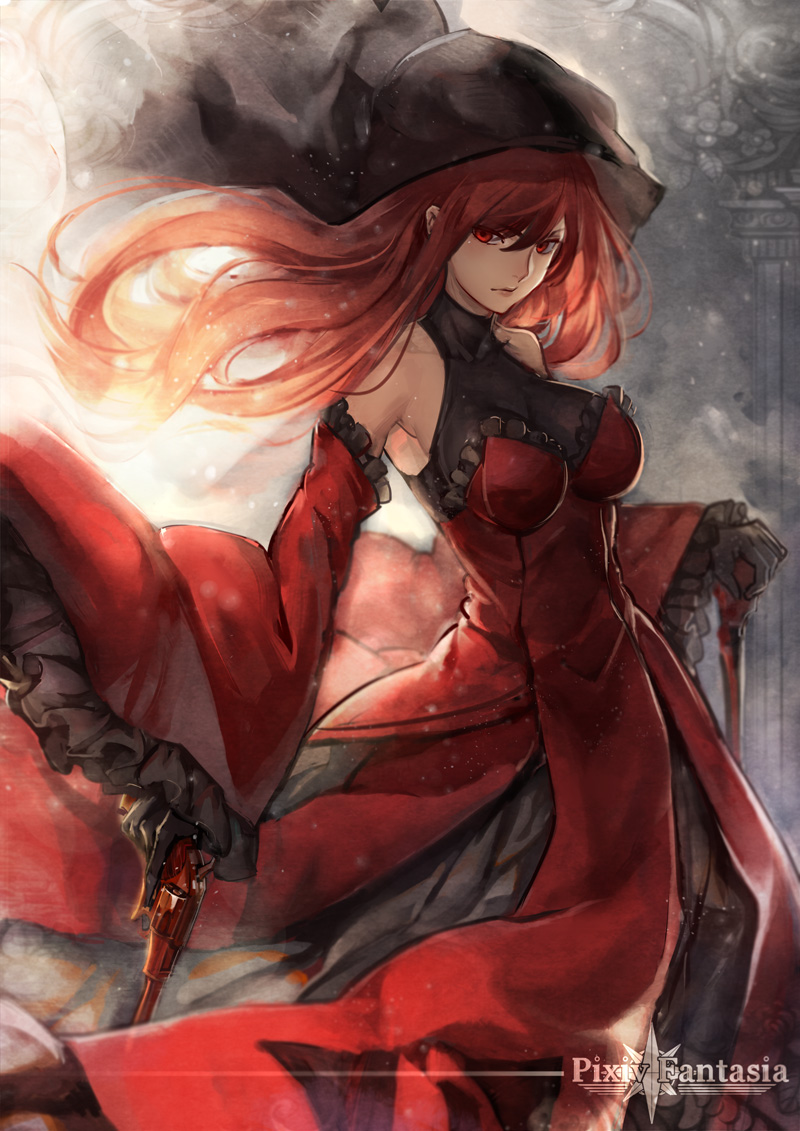 1girl, black_gloves, detached_sleeves, dress, female_focus, gloves, gun, handgun, holding, holding_gun, holding_weapon, hood, long_hair, looking_at_viewer, md5_mismatch, pixiv_fantasia, pixiv_fantasia_t, red_dress, red_eyes, red_hair, red_queen_(pixiv_fantasia), revolver, ryuuzaki_ichi, solo, weapon