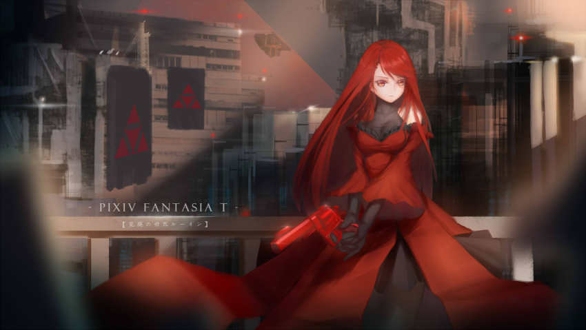 1girl, aoitsuki_yukifu, bare_shoulders, black_gloves, breasts, building, caang_yue_xue_feeng, dress