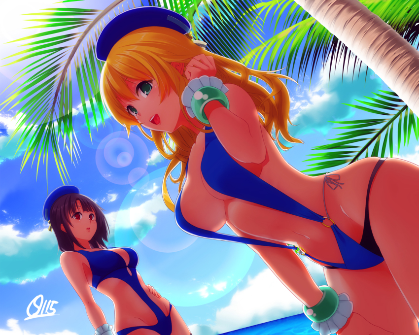 10s, 2girls, adjusting_hair, atago_(kancolle), backlighting, beret, bikini, black_hair, blonde_hair, bracelet, breasts, casual_one-piece_swimsuit, cleavage, day, dutch_angle, green_eyes, hat, jewelry, kantai_collection, large_breasts, layered_bikini, lens_flare, long_hair, multiple_girls, o-ring, o-ring_bikini, one-piece_swimsuit, open_mouth, outdoors, palm_tree, red_eyes, short_hair, shuffle115, side-tie_bikini_bottom, slingshot_swimsuit, swimsuit, takao_(kancolle), tree