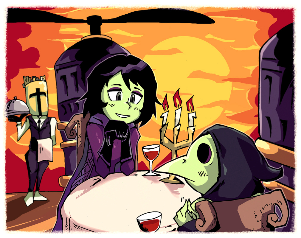 1girl, 2boys, alcohol, black_hair, candelabra, candle, candlestand, cape, colored_skin, couple, cup, dating, dinner, drinking_glass, eyeshadow, gloves, green_skin, grey_eyes, head_rest, helmet, hood, makeup, mask, mona_(shovel_knight), multiple_boys, nervous, plague_doctor, plague_knight, propeller_knight, setz, short_hair, shovel_knight, smile, sunset, table, towel, tray, vest, waiter, wine, wine_glass