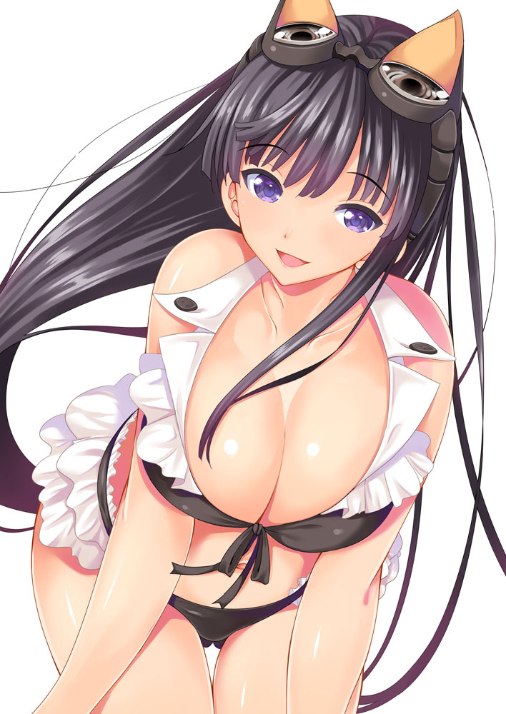 10s, 1girl, black_hair, breasts, cleavage, female_focus, granblue_fantasy, huge_breasts, jessica_(granblue_fantasy), leaning_forward, long_hair, navel, purple_eyes, sabano_niwatori, smile, solo, thigh_gap