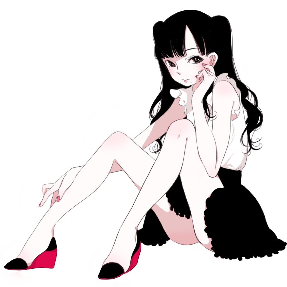 1girl, black_hair, black_skirt, female_focus, full_body, hello!_project, high_heels, long_hair, looking_at_viewer, michishige_sayumi, mole, mole_under_mouth, morning_musume, nail_polish, pink_lips, pink_nails, real_life, shirt, shokugyo, simple_background, sitting, skirt, sleeveless, sleeveless_shirt, solo, upskirt, white_background, white_shirt