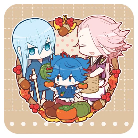 10s, 3boys, acorn, basket, berry, blue_eyes, blue_hair, chibi