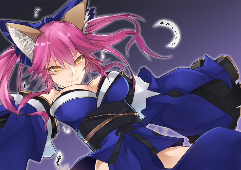 10s, 1girl, animal_ears, bare_shoulders, bow, breasts, cleavage, detached_sleeves