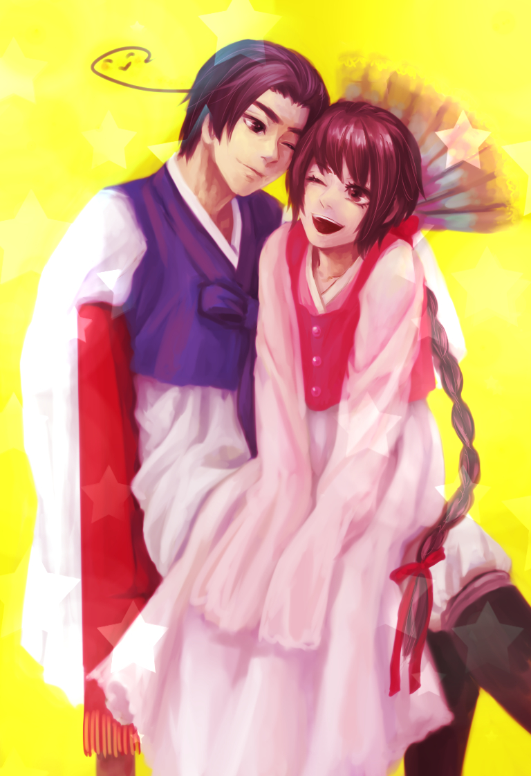 1boy, 1girl, ahoge, asahijima, axis_powers_hetalia, bad_id, bad_pixiv_id, bow