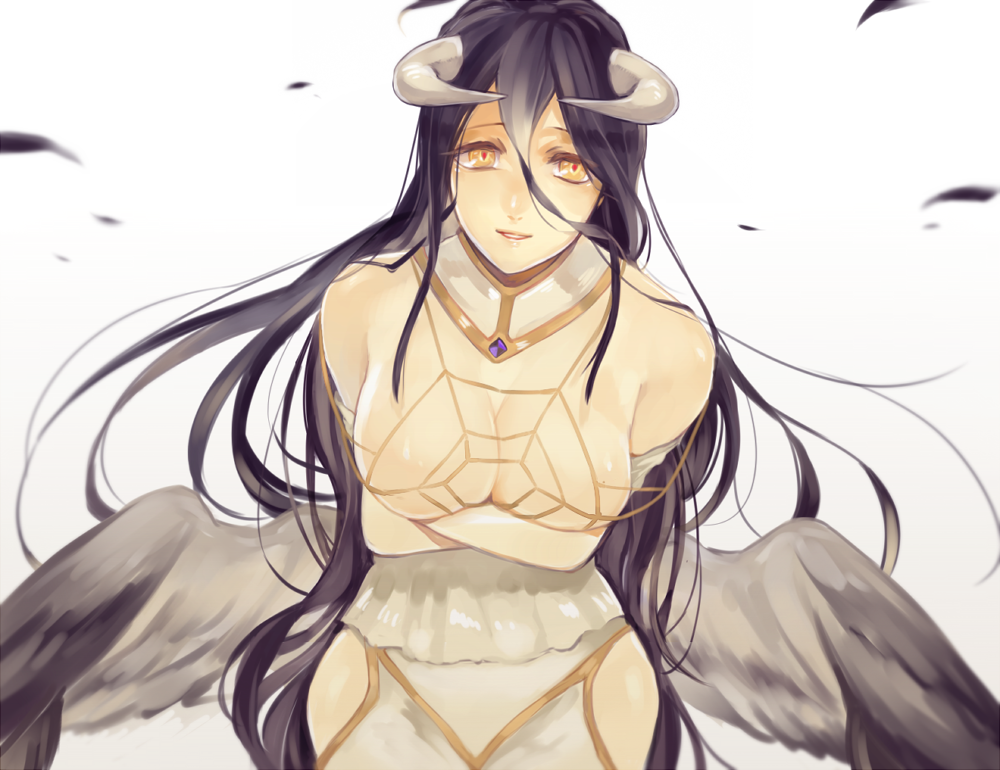1girl, 2f_sq, albedo_(overlord), bare_shoulders, black_hair, black_wings, breast_hold, breasts, cleavage, clothing_cutout, demon_girl, detached_collar, female_focus, hip_vent, horns, large_breasts, long_hair, looking_at_viewer, low_wings, overlord_(maruyama), parted_lips, solo, very_long_hair, wings, yellow_eyes