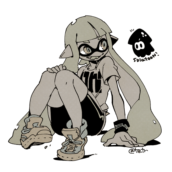 1girl, bike_shorts, copyright_name, fangs, female_focus, full_body, inkling, inkling_girl