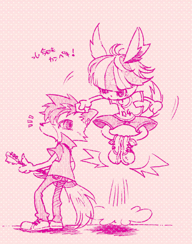 10s, 2boys, animal_ears, gengen_(myumon)_(show_by_rock!!), gengen_(show_by_rock!!), guitar, instrument, jumping, kazuzeddo, kazzed, kazzed_(myumon), male_focus, monochrome, multicolored_hair, multiple_boys, pink_background, polka_dot, polka_dot_background, shoes, show_by_rock!!, sneakers, streaked_hair, tail, wataori_(ippuku_shimasho)