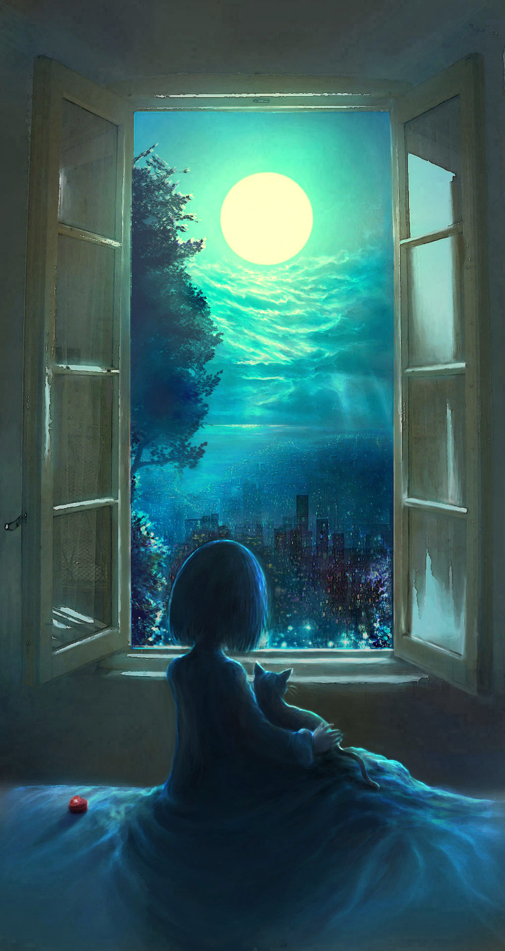 00, 1girl, animal, animal_on_lap, bed, bed_sheet, blue_theme, box, cat, cat_on_lap, city, city_lights, cityscape, cloud, dark, facing_away, female_focus, from_behind, full_moon, heart, heart-shaped_box, highres, horizon, indoors, light_particles, long_sleeves, moon, moonlight, night, ocean, on_bed, on_lap, open_window, original, scenery, short_hair, sitting, sky, solo, tree, water, window