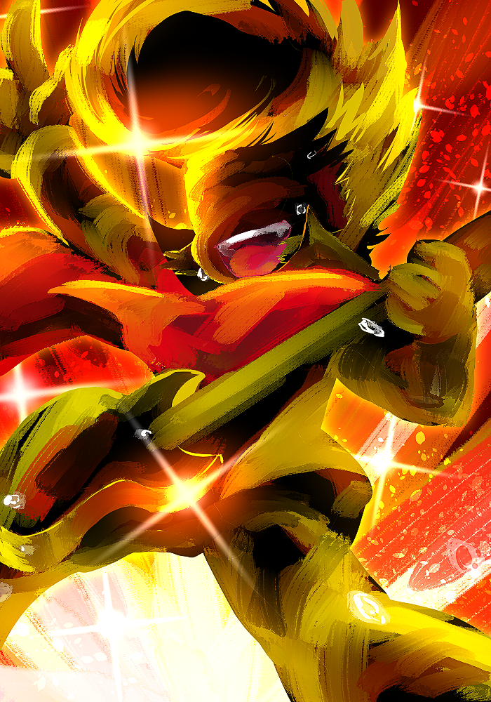 10s, 1boy, artist_request, faceless, grateful_king, guitar, instrument, male_focus, open_mouth, pompadour, show_by_rock!!, silhouette, smile, solo, sparkle, sweat, towel, yumesora