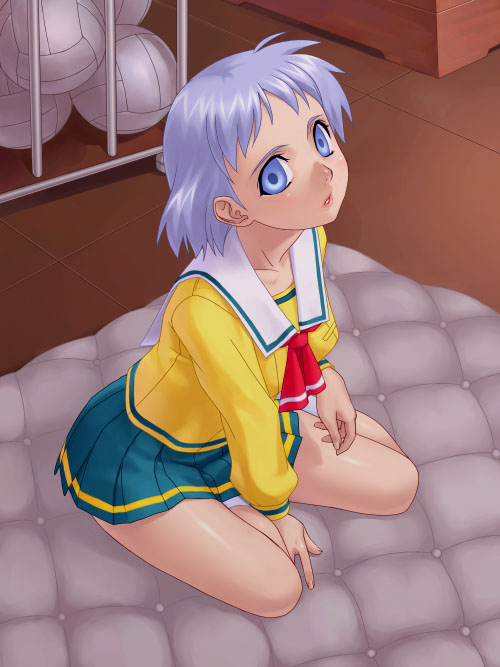 1girl, ball, breasts, female_focus, from_above, full_body, gym_storeroom, indoors